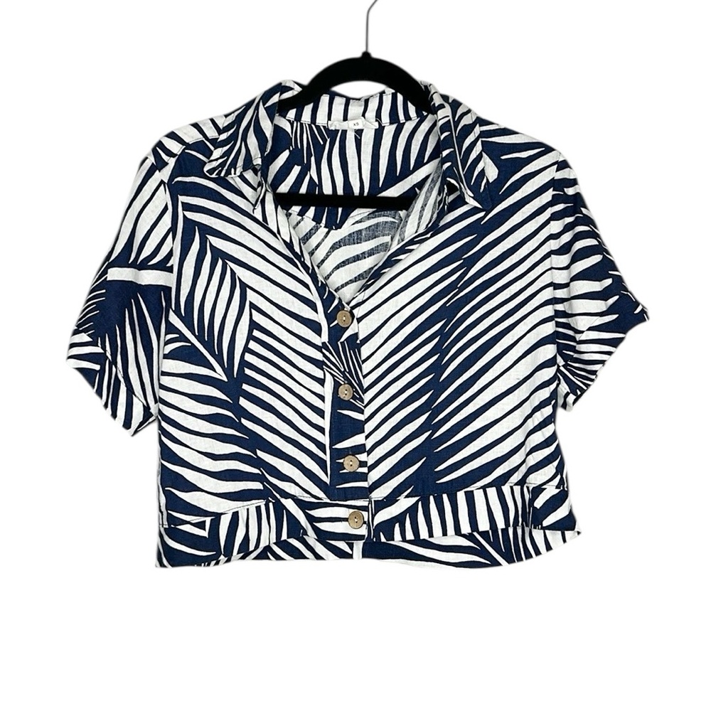 PANAMA JACK Palm Print Button Down Cropped Linen Blend Top size XS - Picture 11 of 11
